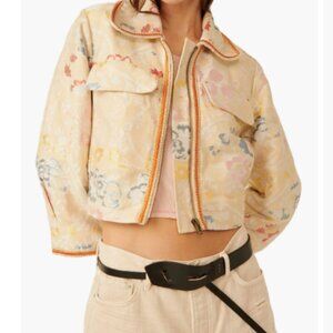 Free People Margot Floral Embroidered Crop Jacket – Golden Wheat Combo – Size XL